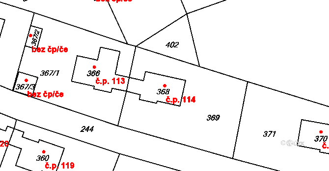Lidice 114 na parcele st. 368 v KÚ Lidice, Katastrální mapa