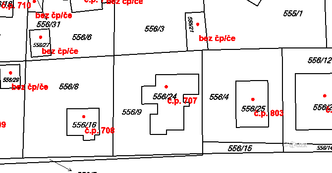 Doksy 707 na parcele st. 556/24 v KÚ Doksy u Máchova jezera, Katastrální mapa
