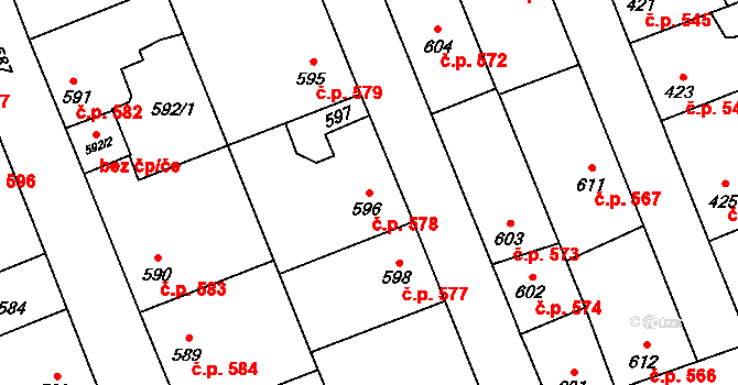 Dubí 578, Kladno na parcele st. 596 v KÚ Dubí u Kladna, Katastrální mapa