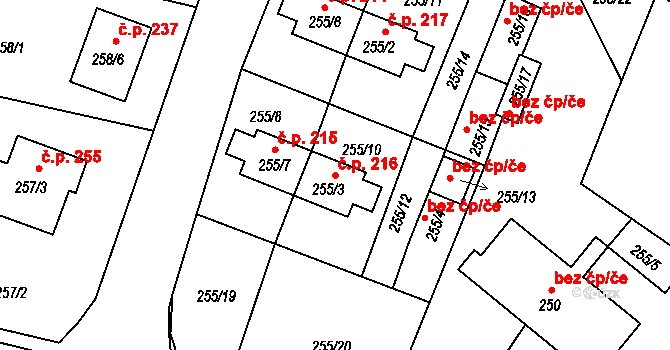 Holubov 216 na parcele st. 255/3 v KÚ Holubov, Katastrální mapa