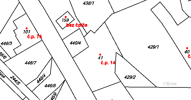 Bořkov 14, Slaná na parcele st. 41 v KÚ Bořkov, Katastrální mapa