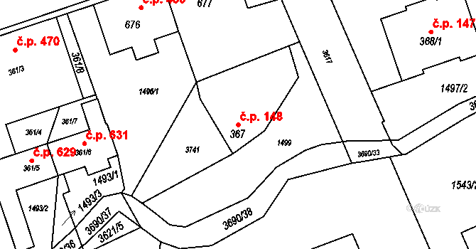 Rožnov pod Radhoštěm 148 na parcele st. 367 v KÚ Rožnov pod Radhoštěm, Katastrální mapa