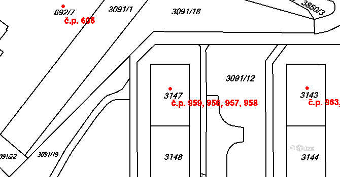 Žichlínské Předměstí 956,957,958,959, Lanškroun na parcele st. 3147 v KÚ Lanškroun, Katastrální mapa