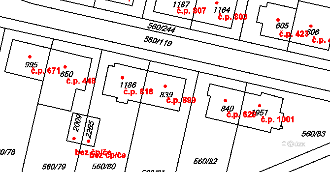 Podklášteří 899, Třebíč na parcele st. 839 v KÚ Podklášteří, Katastrální mapa