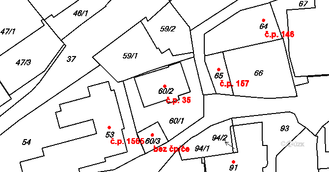 Vršovice 35, Praha na parcele st. 60/2 v KÚ Vršovice, Katastrální mapa