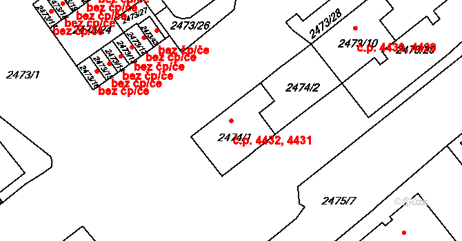 Chomutov 4431,4432 na parcele st. 2474/1 v KÚ Chomutov II, Katastrální mapa