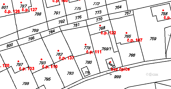Řícmanice 111 na parcele st. 778 v KÚ Řícmanice, Katastrální mapa