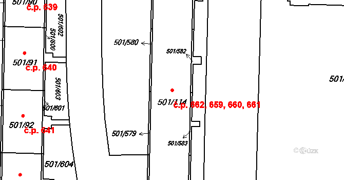 Ráj 659,660,661,662, Karviná na parcele st. 501/114 v KÚ Ráj, Katastrální mapa