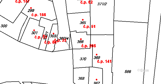 Padochov 205, Oslavany na parcele st. 366 v KÚ Padochov, Katastrální mapa