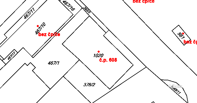 Veltrusy 608 na parcele st. 1020 v KÚ Veltrusy, Katastrální mapa