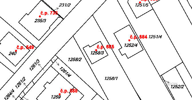 Vnorovy 685 na parcele st. 1258/3 v KÚ Vnorovy, Katastrální mapa