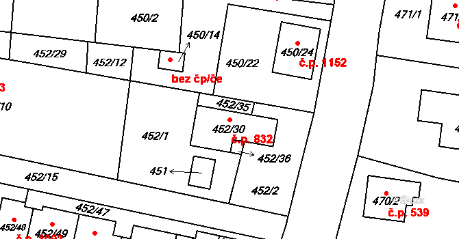 Vejprnice 832 na parcele st. 452/30 v KÚ Vejprnice, Katastrální mapa