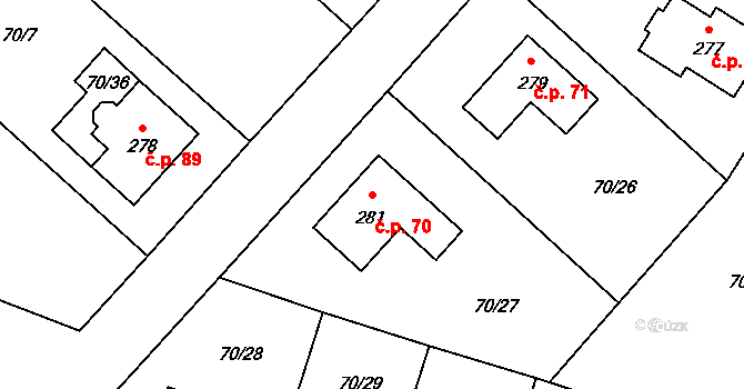 Horní Cetno 70, Niměřice na parcele st. 281 v KÚ Niměřice, Katastrální mapa