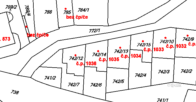 Jemnice 1035 na parcele st. 742/14 v KÚ Jemnice, Katastrální mapa
