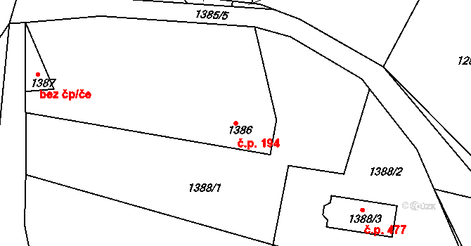 Zádveřice 194, Zádveřice-Raková na parcele st. 1386 v KÚ Zádveřice, Katastrální mapa