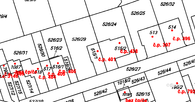 Prštné 401, Zlín na parcele st. 515/1 v KÚ Prštné, Katastrální mapa