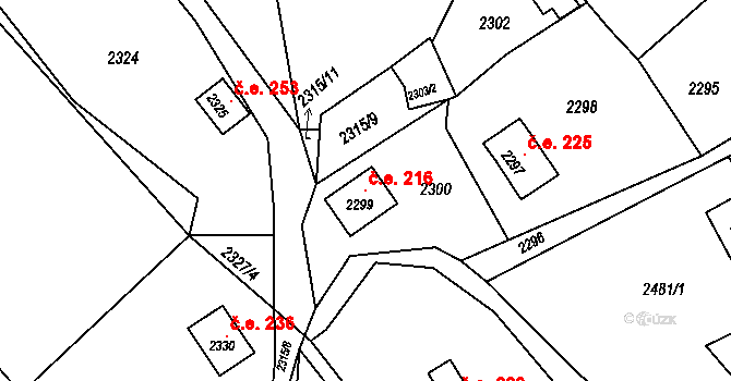 Buchlovice 216 na parcele st. 2299 v KÚ Buchlovice, Katastrální mapa