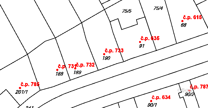 Rudná 733 na parcele st. 190 v KÚ Hořelice, Katastrální mapa