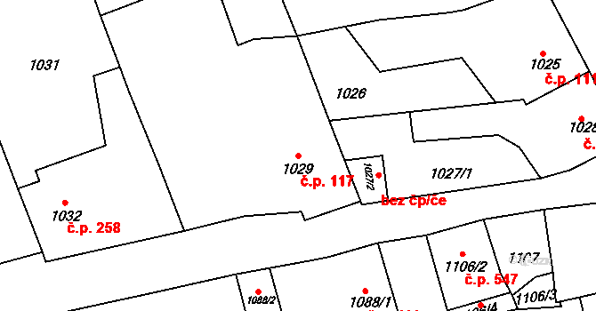 Tlučná 117 na parcele st. 1029 v KÚ Tlučná, Katastrální mapa