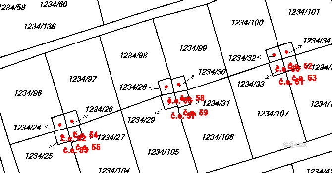 Vejprnice 56 na parcele st. 1234/28 v KÚ Vejprnice, Katastrální mapa