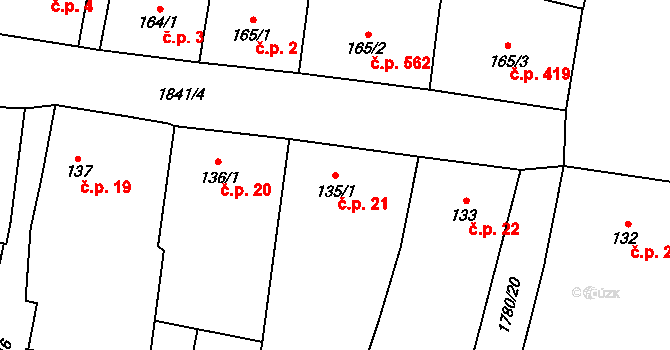 Přelouč 21 na parcele st. 135/1 v KÚ Přelouč, Katastrální mapa