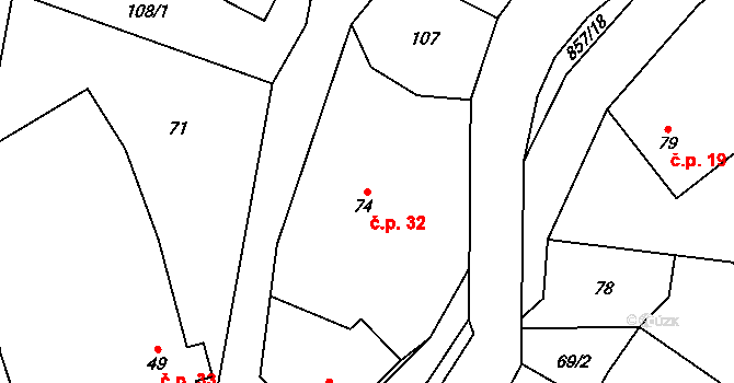 Hrabová 32 na parcele st. 74 v KÚ Hrabová u Dubicka, Katastrální mapa