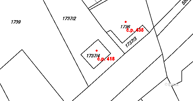 Kopřivnice 418 na parcele st. 1737/4 v KÚ Kopřivnice, Katastrální mapa