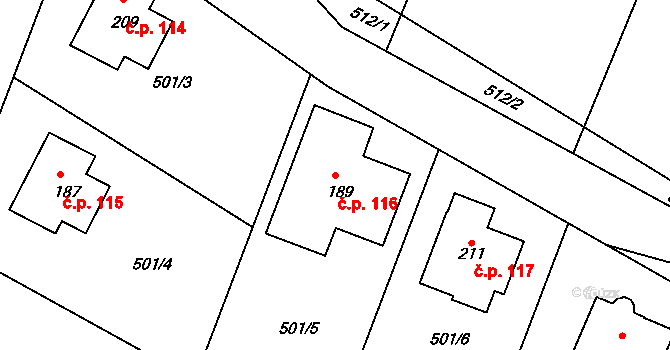 Horní Slivno 116 na parcele st. 189 v KÚ Horní Slivno, Katastrální mapa