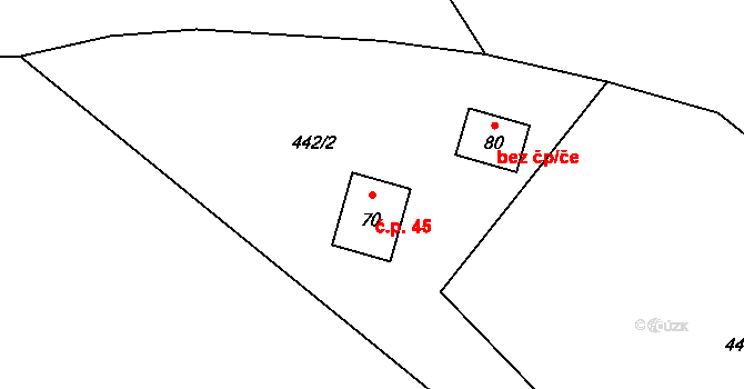 Vyšehorky 45, Líšnice na parcele st. 70 v KÚ Vyšehorky, Katastrální mapa