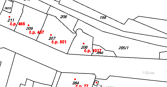 Louny 1017 na parcele st. 206 v KÚ Louny, Katastrální mapa