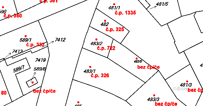 Žatec 722 na parcele st. 483/2 v KÚ Žatec, Katastrální mapa