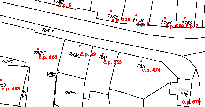Klobouky u Brna 555 na parcele st. 760 v KÚ Klobouky u Brna, Katastrální mapa