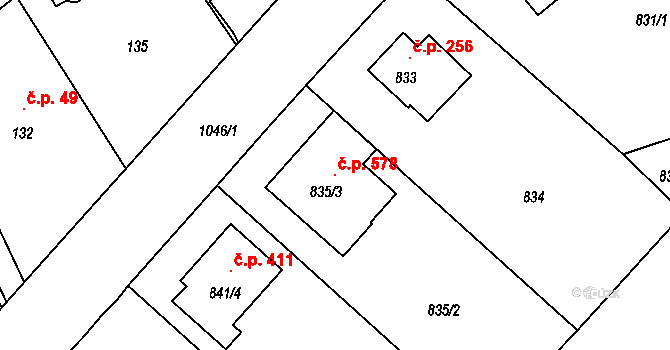 Hodkovičky 578, Praha na parcele st. 835/3 v KÚ Hodkovičky, Katastrální mapa