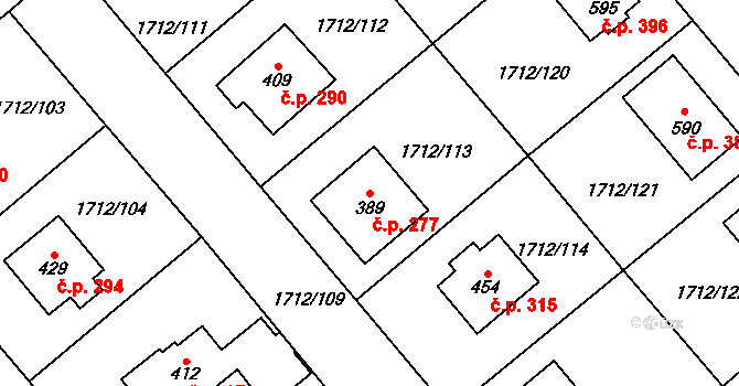 Tymákov 277 na parcele st. 389 v KÚ Tymákov, Katastrální mapa