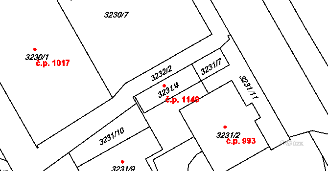 Lyžbice 1149, Třinec na parcele st. 3231/4 v KÚ Lyžbice, Katastrální mapa