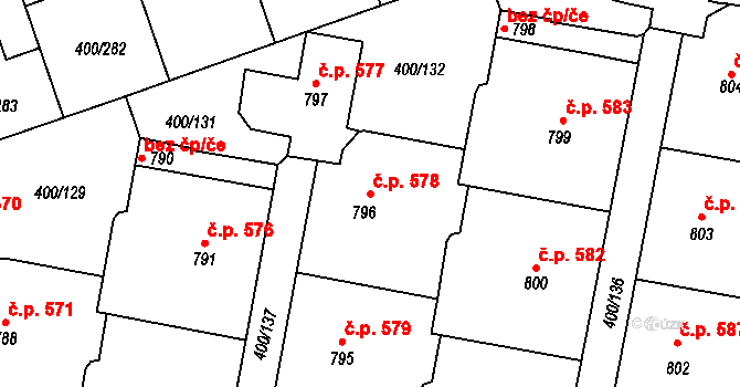 Horoměřice 578 na parcele st. 796 v KÚ Horoměřice, Katastrální mapa