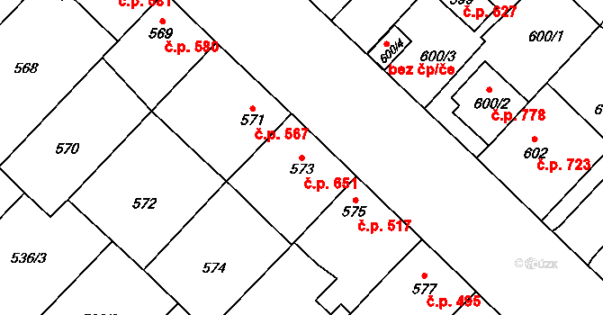 Lužice 651 na parcele st. 573 v KÚ Lužice u Hodonína, Katastrální mapa