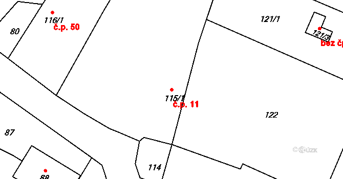 Písek 11 na parcele st. 115/1 v KÚ Písek u Chlumce nad Cidlinou, Katastrální mapa