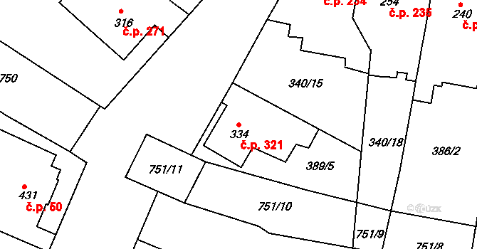 Smiřice 321 na parcele st. 334 v KÚ Smiřice, Katastrální mapa