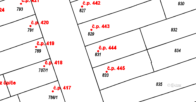 Roudnice nad Labem 444 na parcele st. 831 v KÚ Roudnice nad Labem, Katastrální mapa