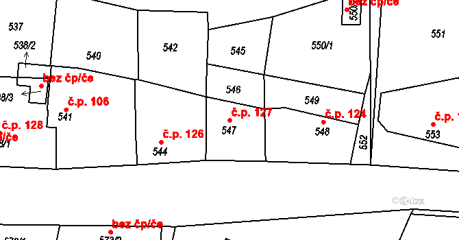Semice 127 na parcele st. 547 v KÚ Semice nad Labem, Katastrální mapa