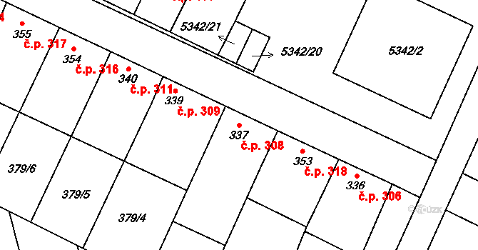 Mohelno 308 na parcele st. 337 v KÚ Mohelno, Katastrální mapa
