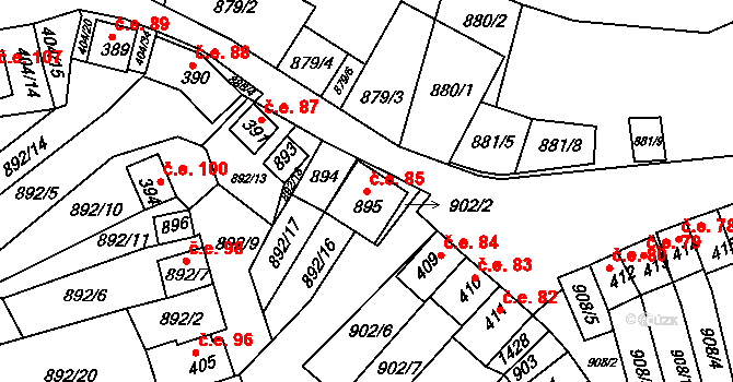 Chvalovice 85 na parcele st. 895 v KÚ Chvalovice, Katastrální mapa