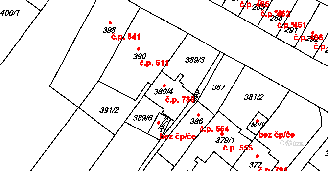 Tuřany 738, Brno na parcele st. 389/4 v KÚ Tuřany, Katastrální mapa