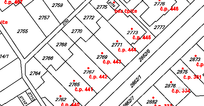 Řečkovice 443, Brno na parcele st. 2769 v KÚ Řečkovice, Katastrální mapa