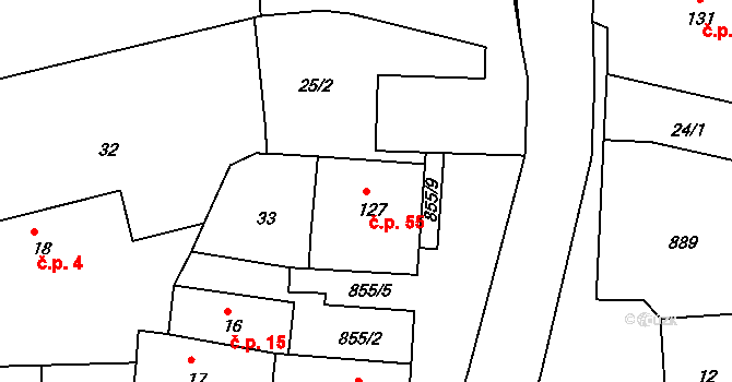 Chocenice 55, Břežany I na parcele st. 127 v KÚ Chocenice u Břežan I, Katastrální mapa