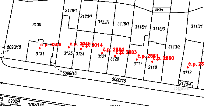 Chomutov 2884 na parcele st. 3121 v KÚ Chomutov II, Katastrální mapa