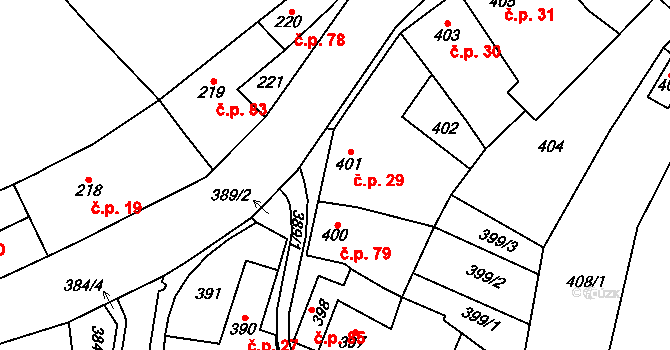Ostrovačice 29 na parcele st. 401 v KÚ Ostrovačice, Katastrální mapa
