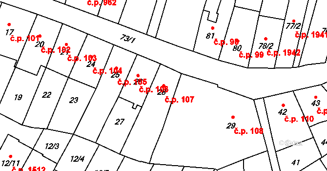 Fryštát 107, Karviná na parcele st. 28 v KÚ Karviná-město, Katastrální mapa