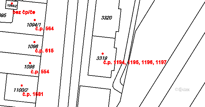 Bolevec 1194,1195,1196,1197, Plzeň na parcele st. 3319 v KÚ Bolevec, Katastrální mapa